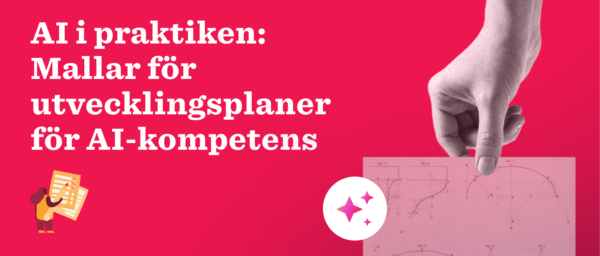 AI i praktiken, hand holding development plan template over graphs and charts on vibrant pink background, AI competence development templates